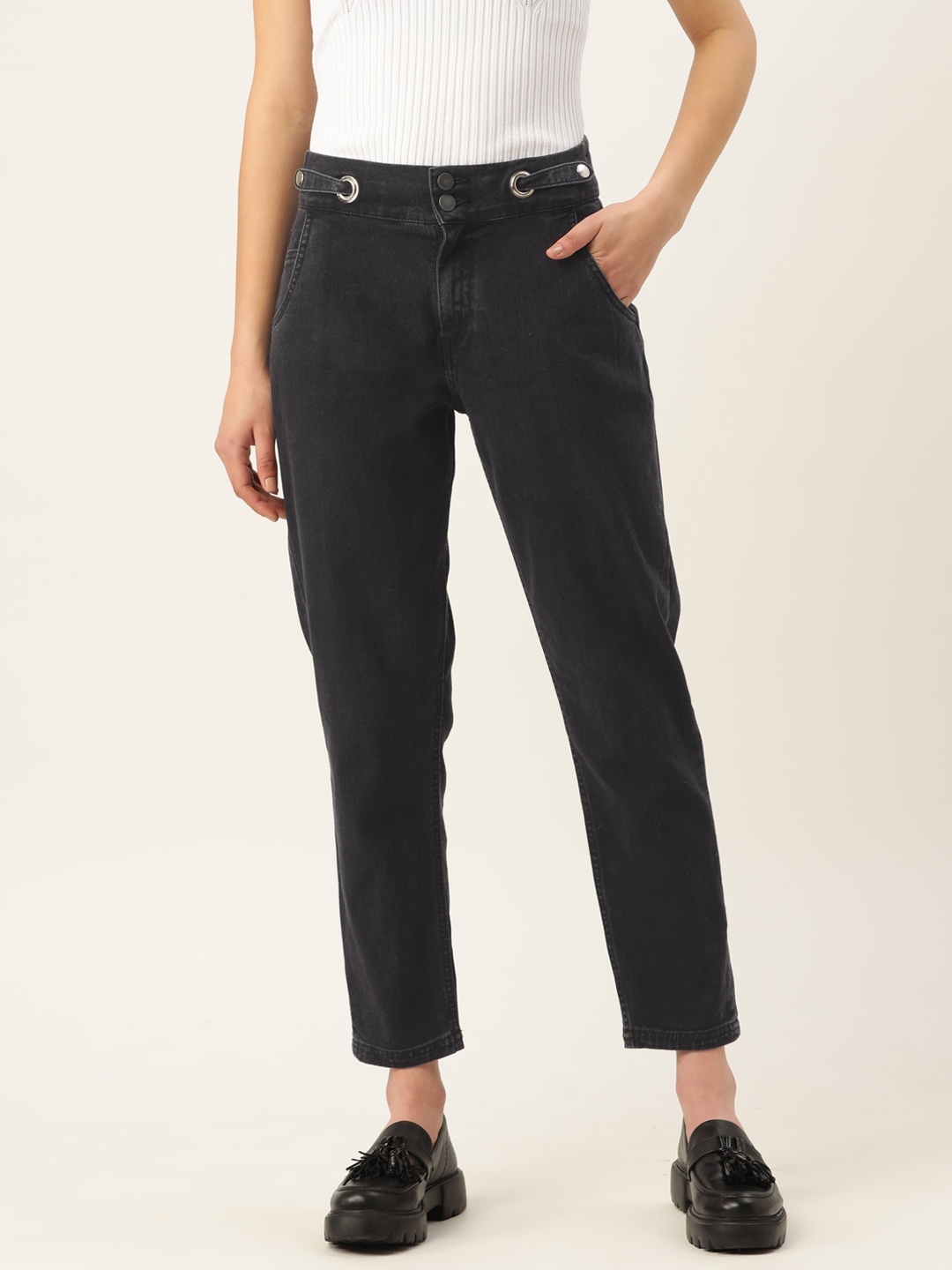 

DressBerry Women High-Rise Mom-Fit Cropped Jeans, Black