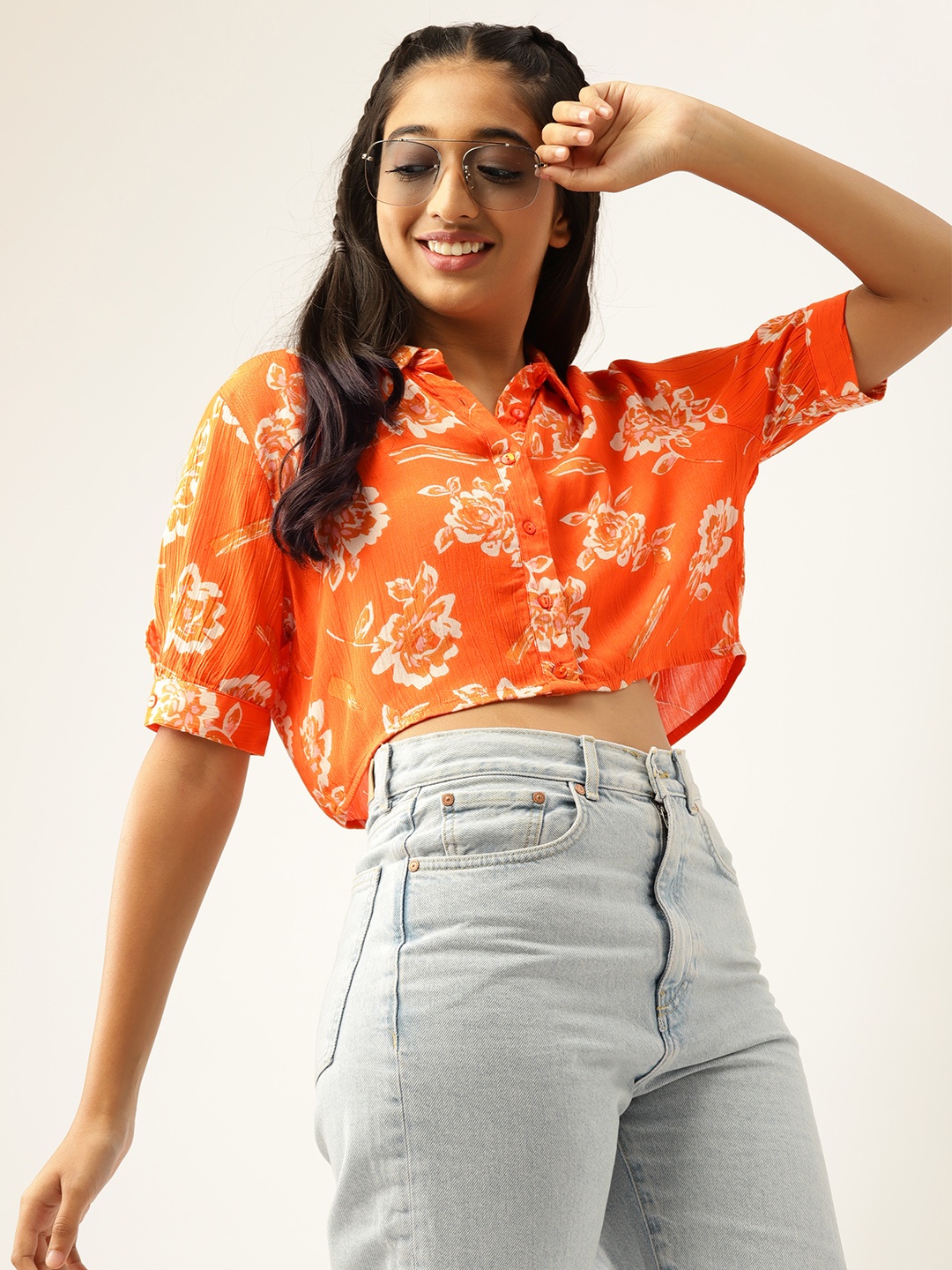 

DressBerry Teen Girls Orange & Cream-Coloured Boxy Fit Floral Print Casual Shirt