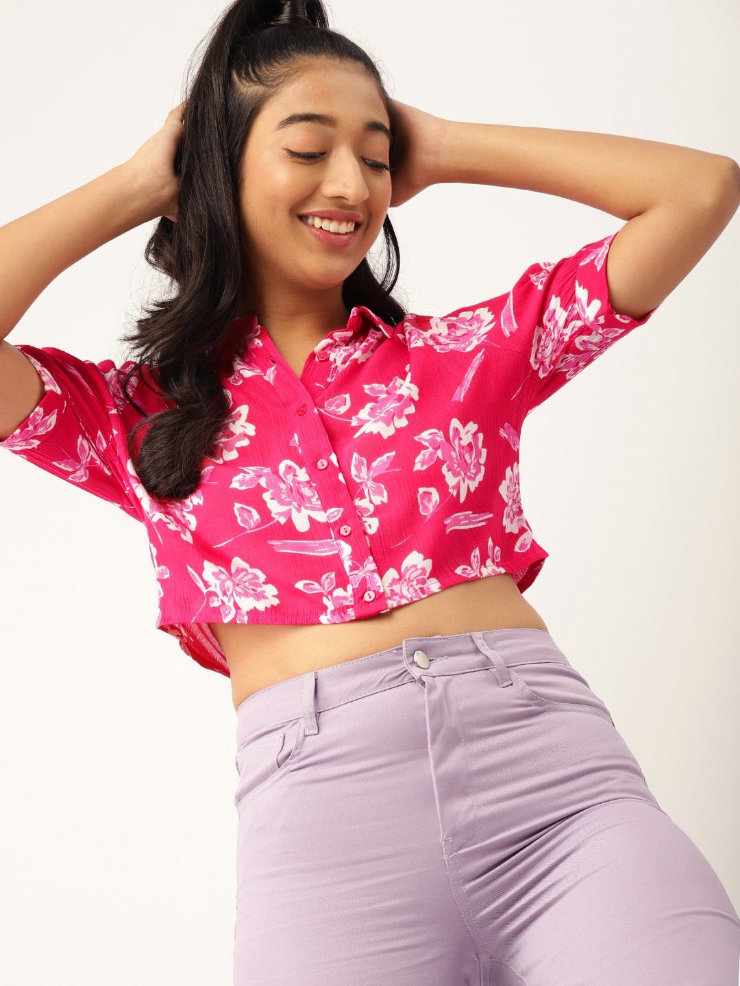 

DressBerry Teen Girls Fuchsia & White Boxy Fit Floral Print Casual Shirt