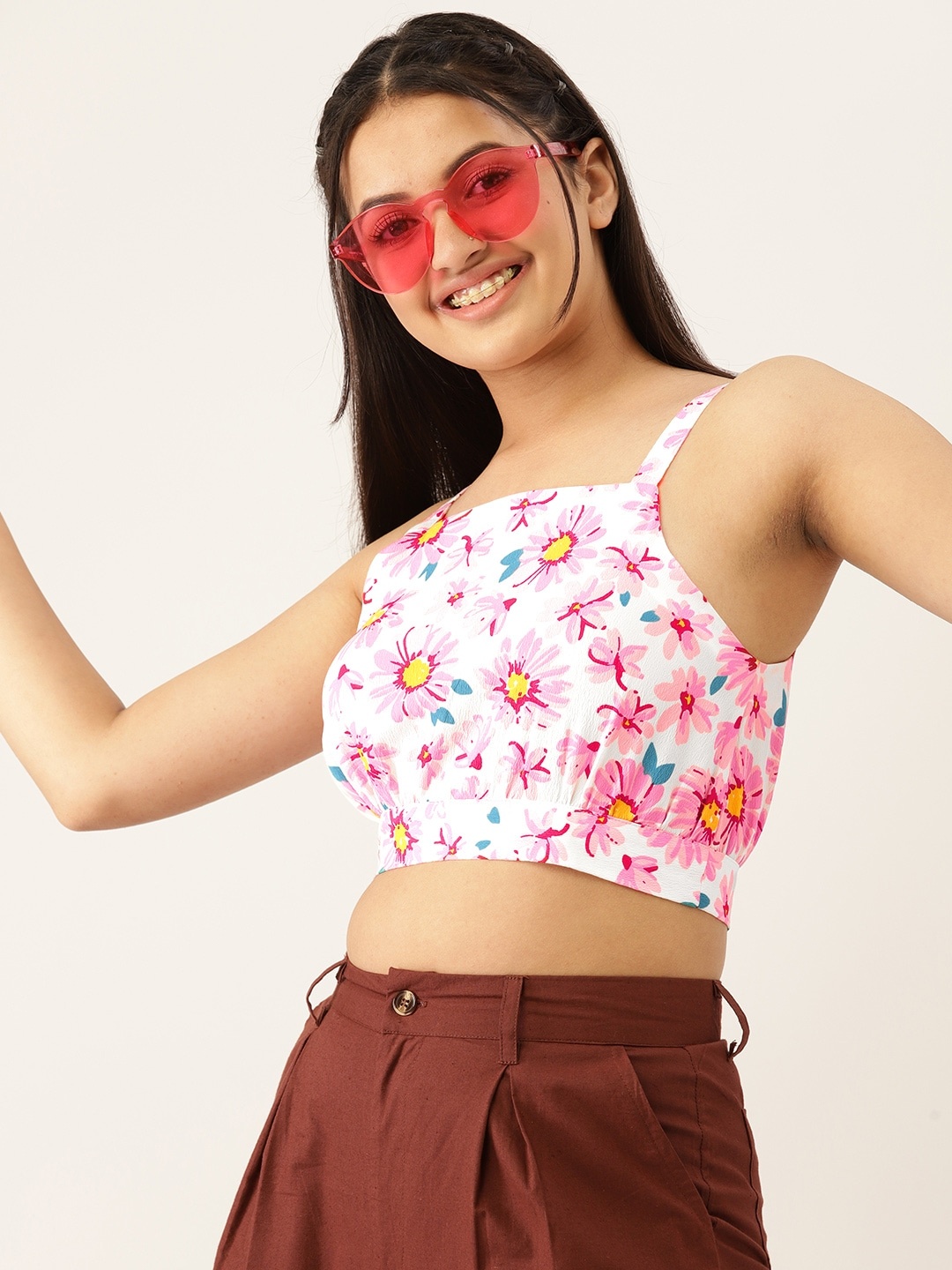 

DressBerry Teen Girls White & Pink Floral Print Crop Top