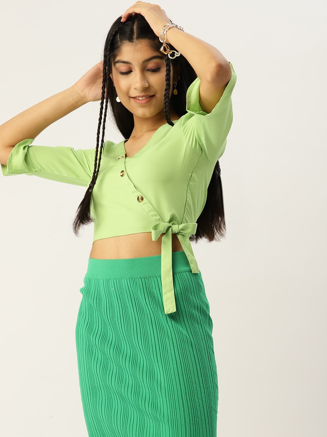 

DressBerry Teen Girls Green Solid Wrap Style Bell Sleeves Top
