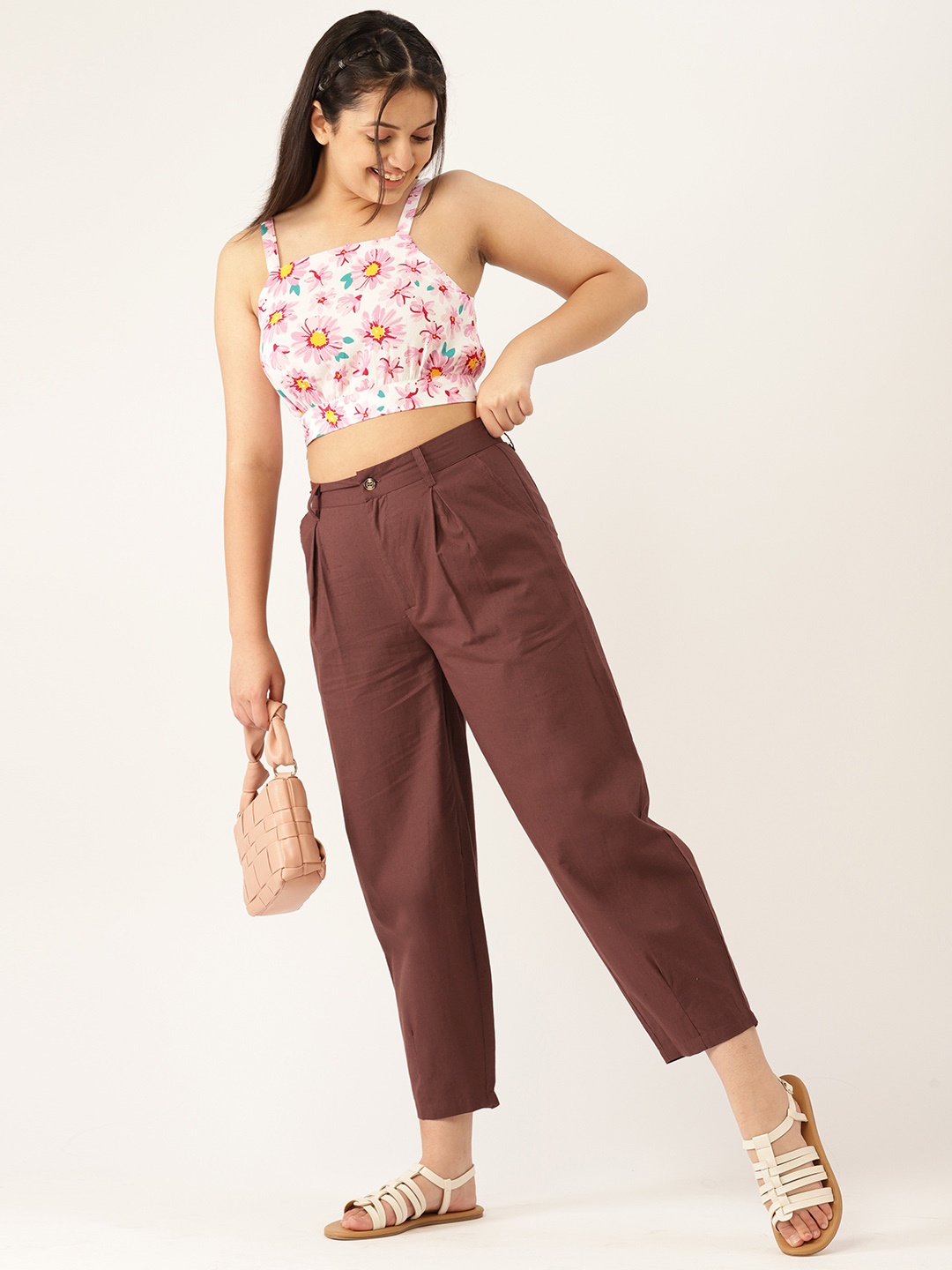 

DressBerry Teen Girls Coffee Brown Solid Cotton Pleated Trousers