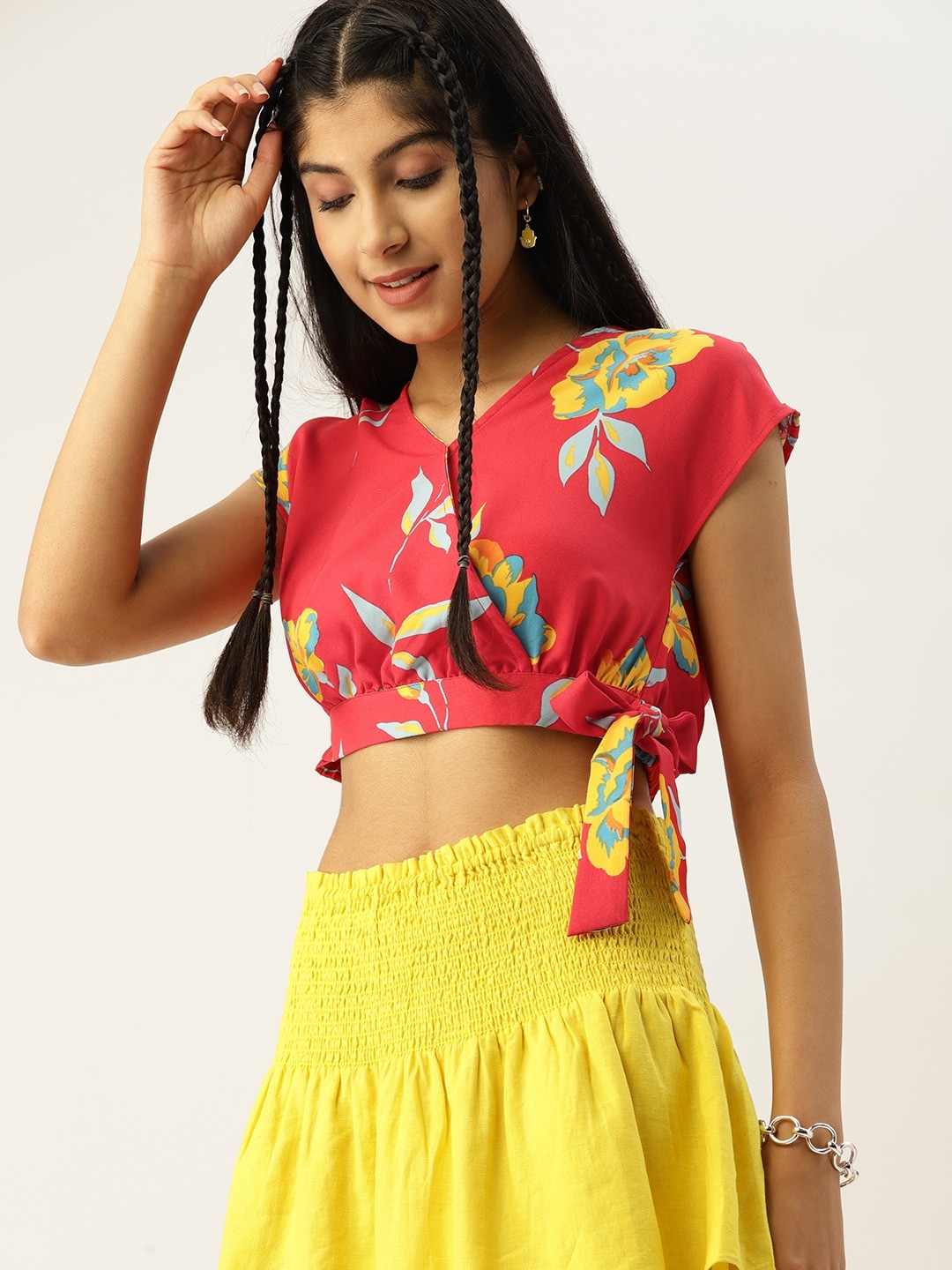 

DressBerry Teen Girls Black & Pink Floral Print Wrap Fitted Top