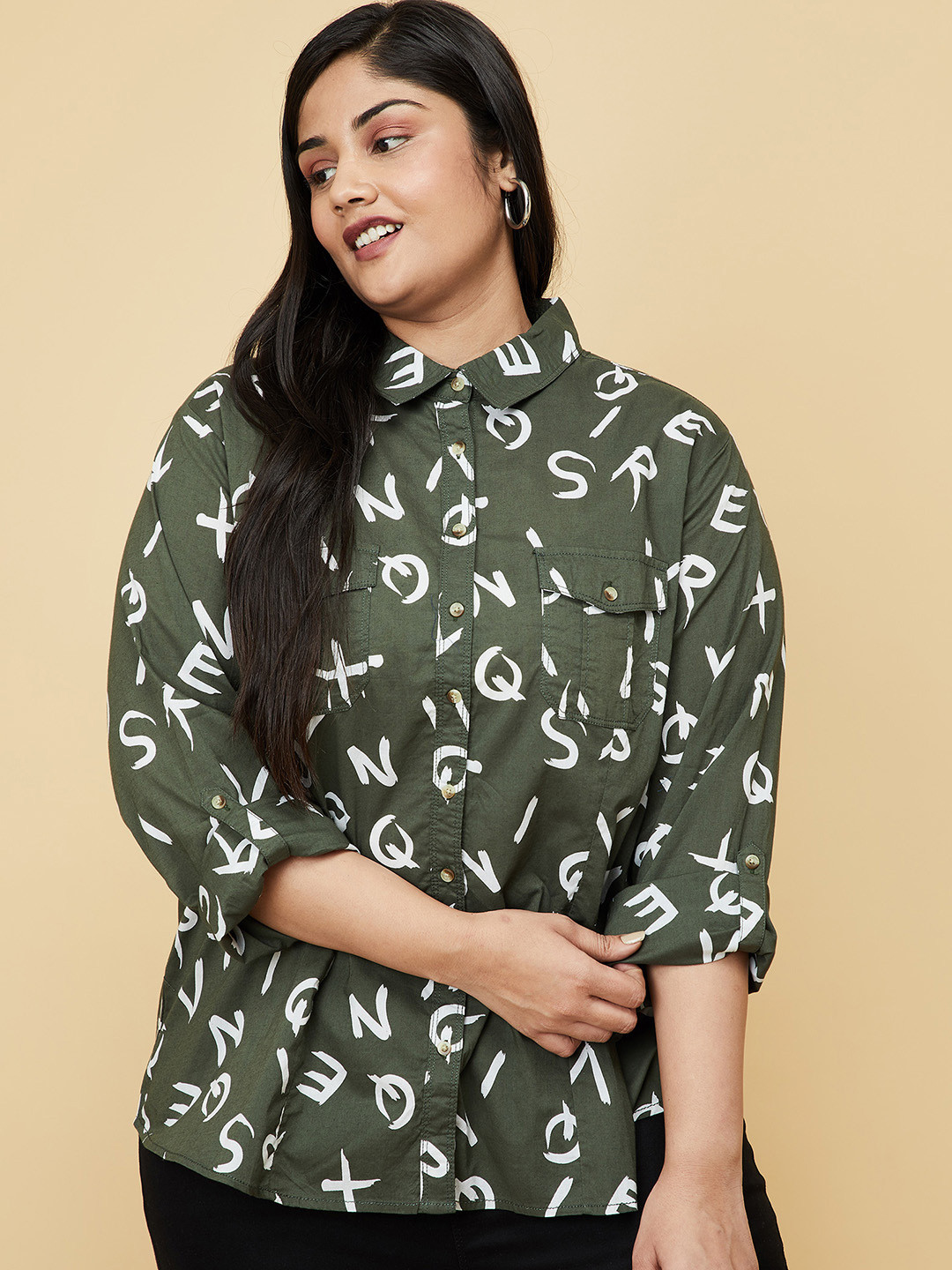 

max Plus Size Women Green & White Printed Cotton Casual Shirt