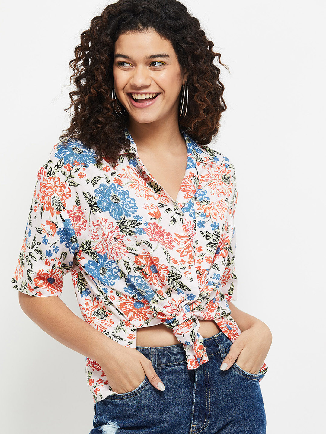 

max Women White & Pink Floral Printed Casual Shirt