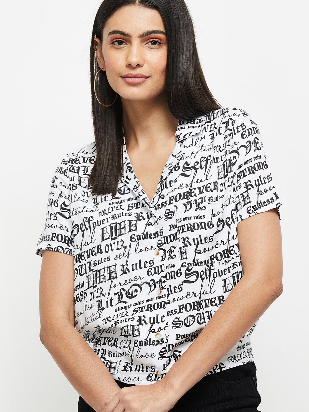 

max Women White & Black Printed Casual Shirt