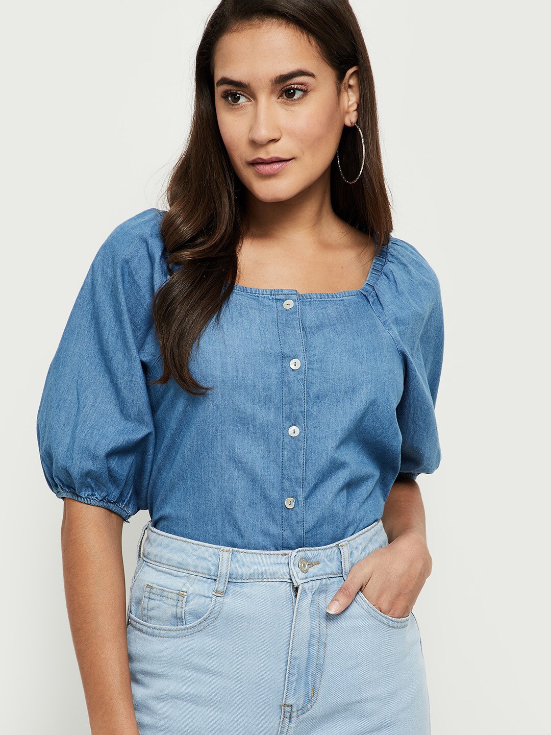 

max Women Blue Pure Cotton Casual Shirt