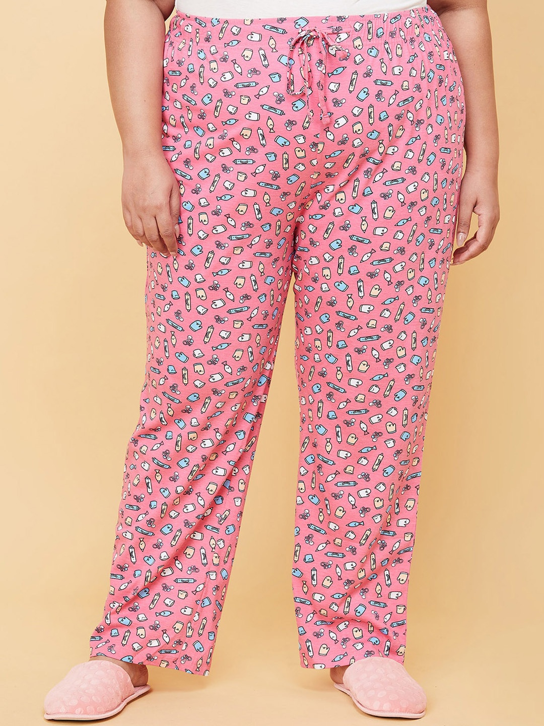 

max Women Plus Size Pink & Multicoloured Printed Pure Cotton Lounge Pants
