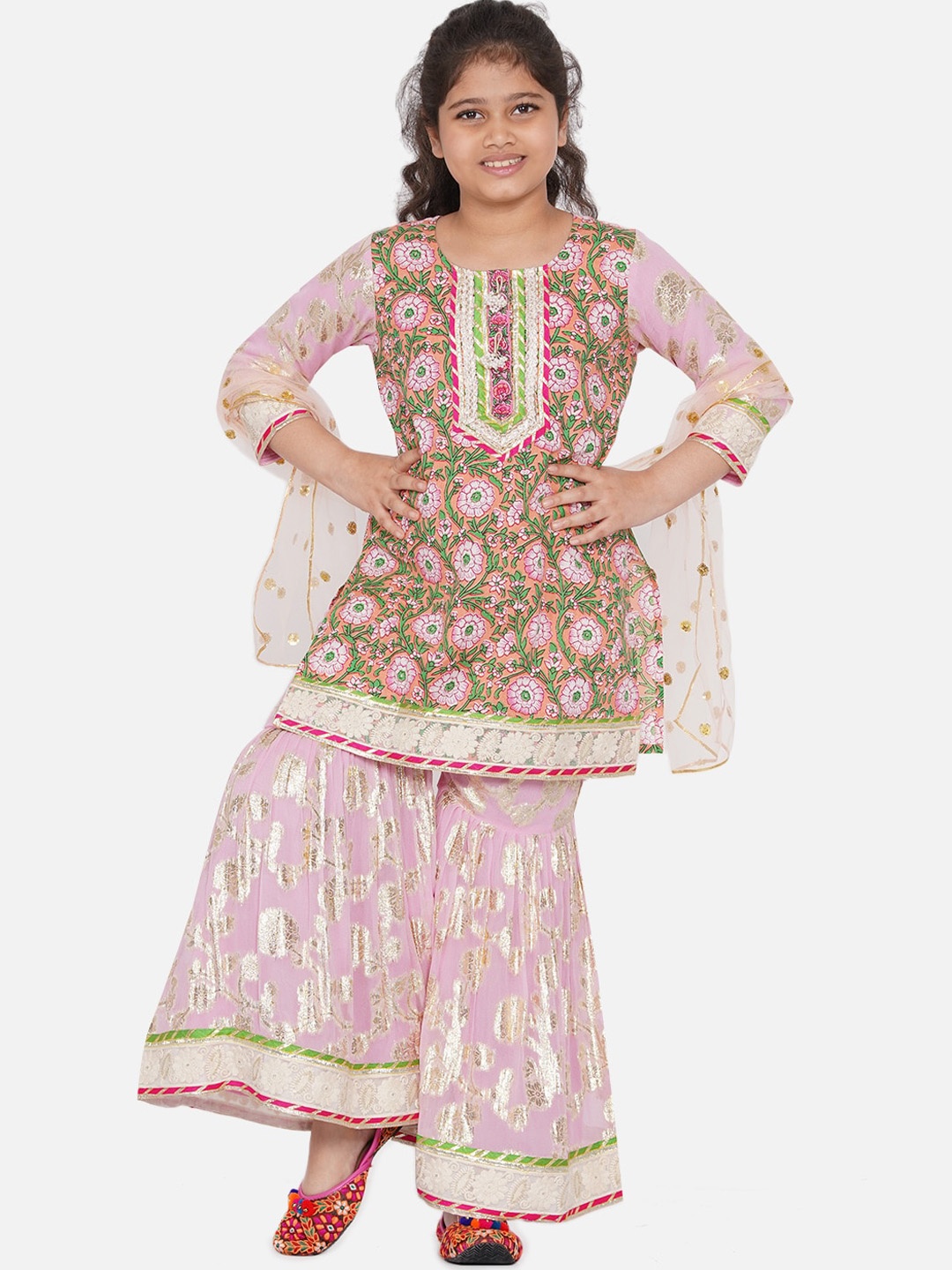 

Little Bansi Girls Pink Floral Printed Kurti with Sharara & With Dupatta