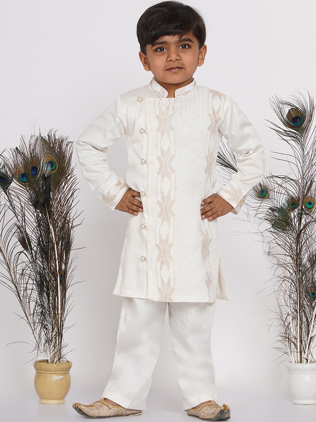 

Little Bansi Boys Cream Embroidered Sherwani with Pant