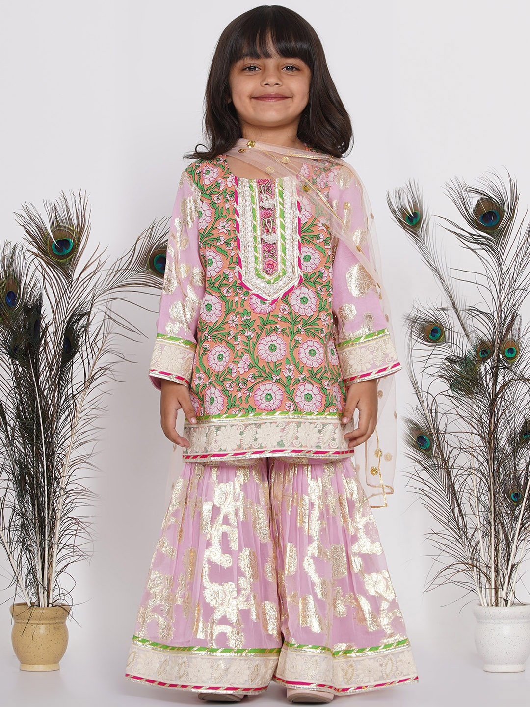 

Little Bansi Girls Pink Floral Embroidered Kurti with Skirt & With Dupatta