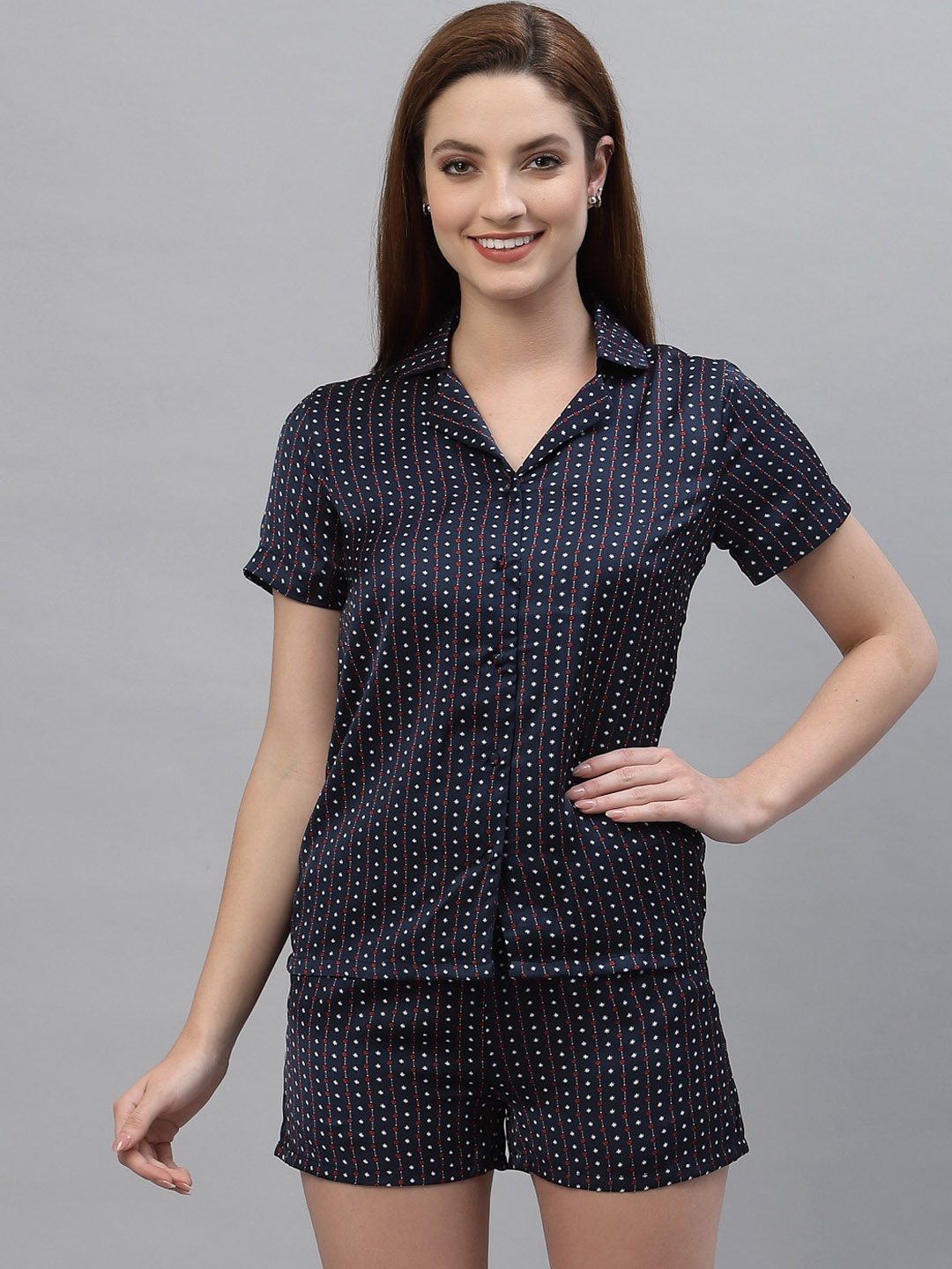 

HOUSE OF KKARMA Women Navy Blue & White Printed Night suit