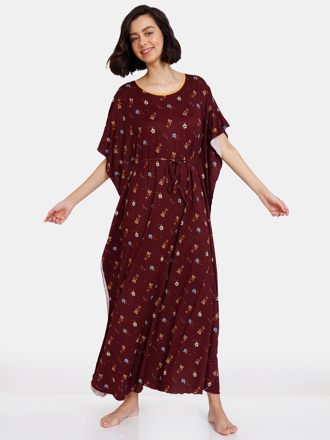 

Zivame Maroon & Yellow Floral Printed Maxi Kaftan Nightdress