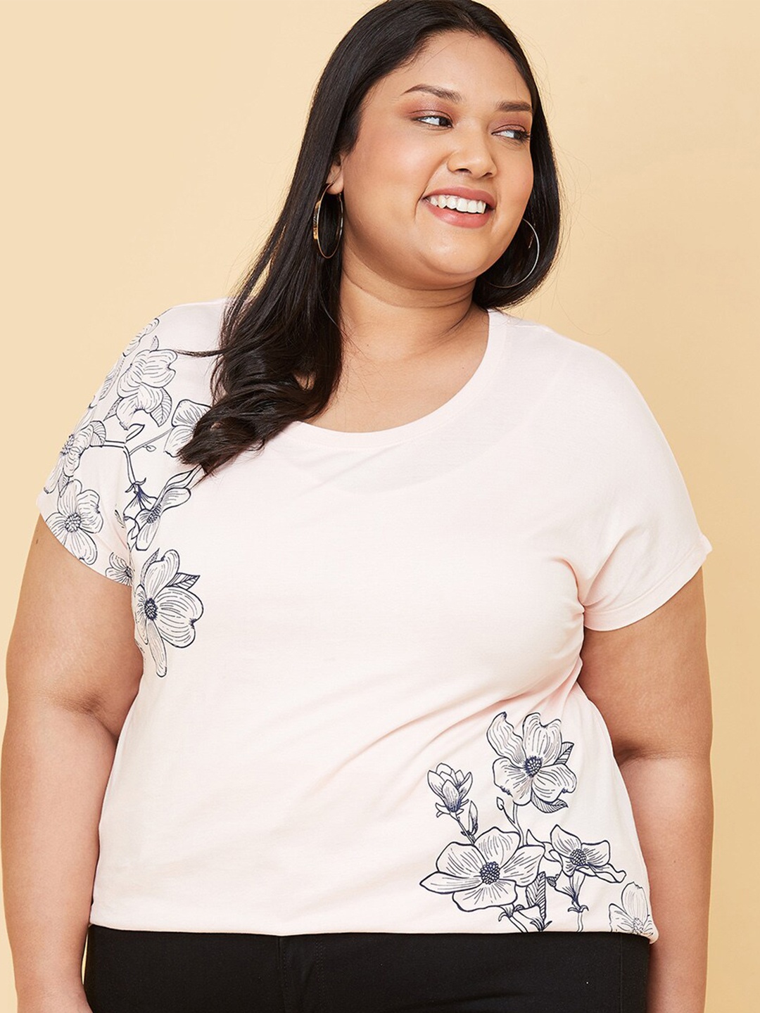 

max Plus Size Women Pink Floral Printed Cotton T-shirt