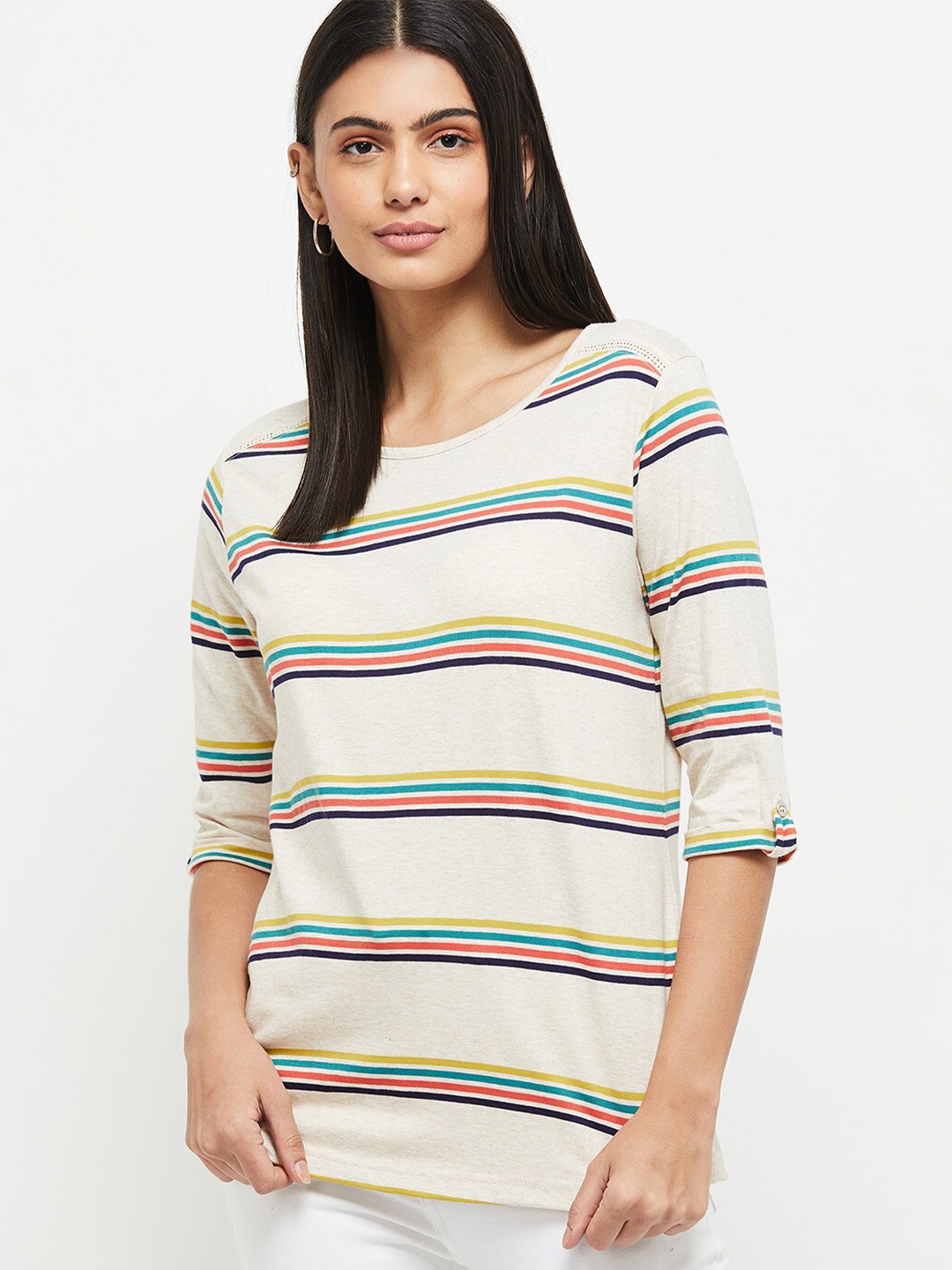 

max Women Beige Striped Cotton T-shirt