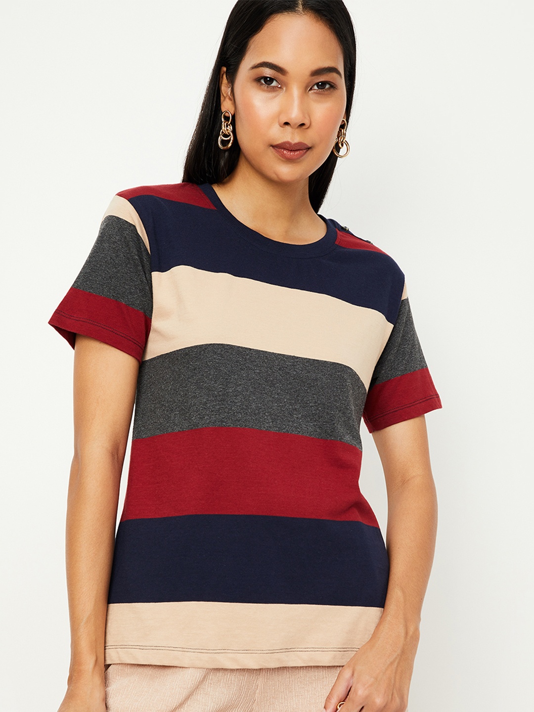 

max Women Navy Blue & Maroon Colourblocked Drop-Shoulder Sleeves T-shirt