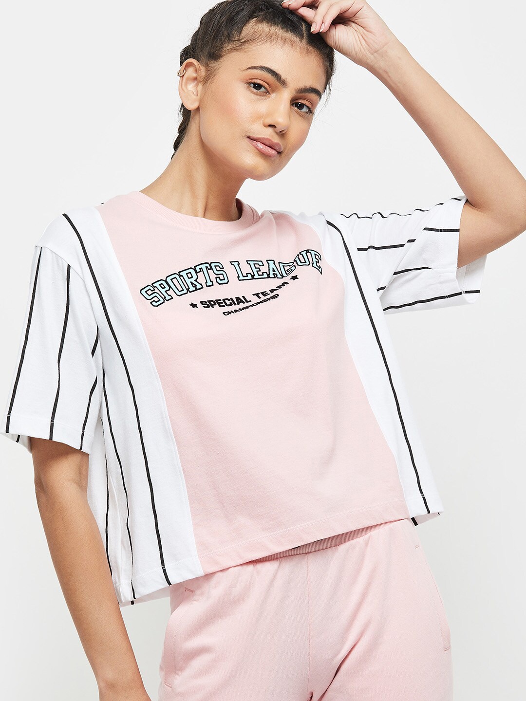 

max Women Pink & White Striped T-shirt