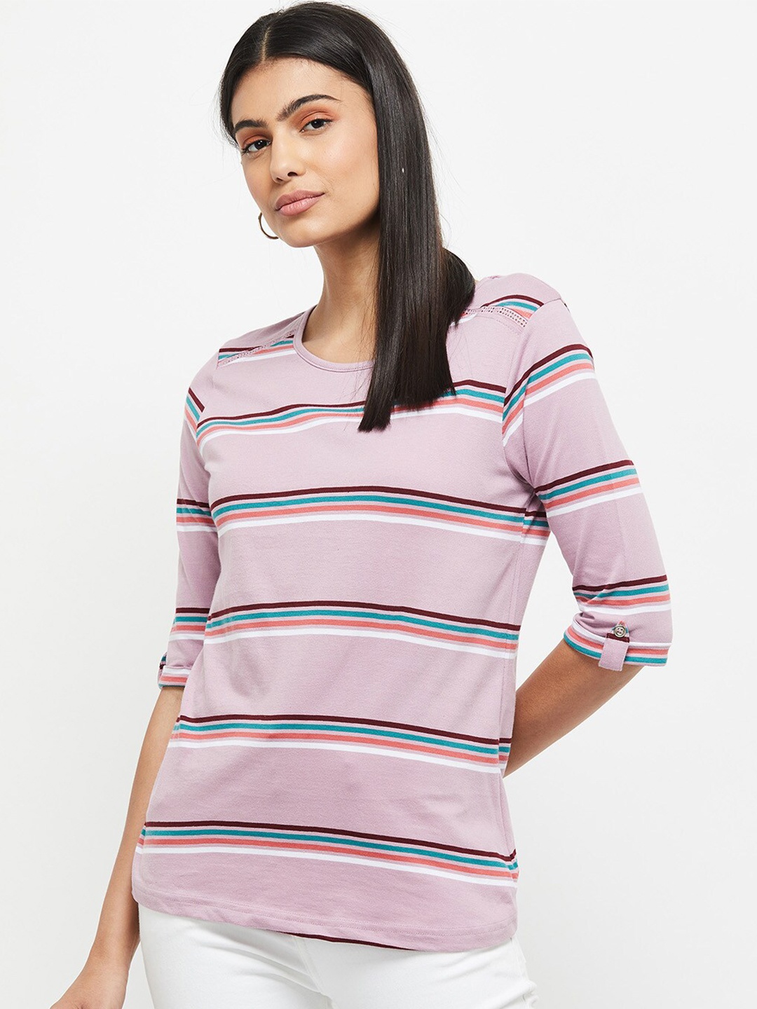 

max Women Lavender & Blue Striped Pure Cotton T-shirt