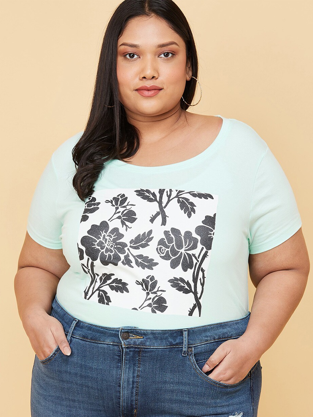 

max Plus Size Women Sea Green Floral Printed Cotton T-shirt