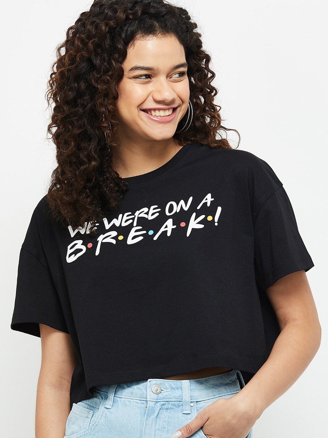 

max Women Black Typography Printed Cotton T-shirt