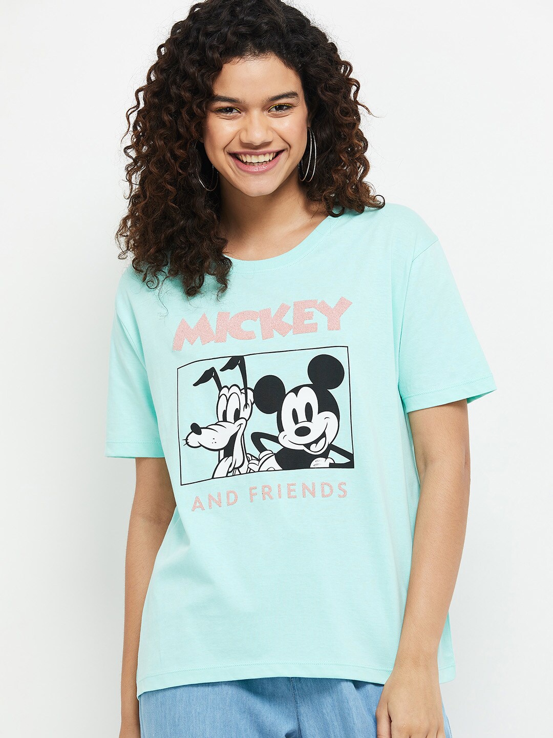 

max Women Blue & Black Printed Pure Cotton T-shirt