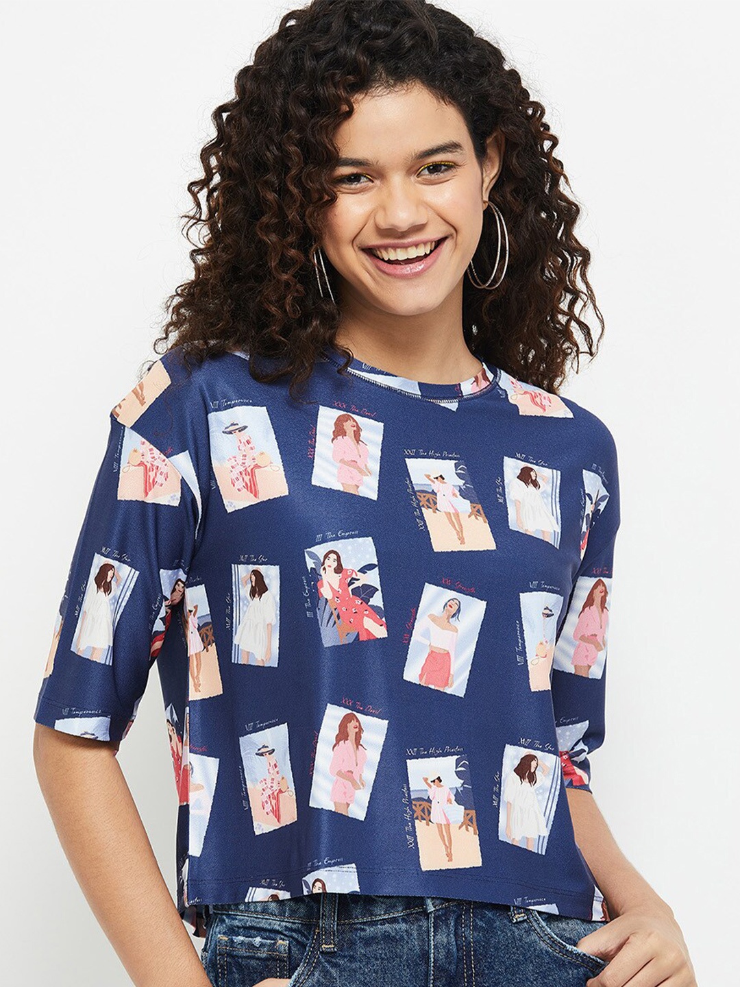 

max Women Navy Blue Printed Drop-Shoulder Sleeves T-shirt
