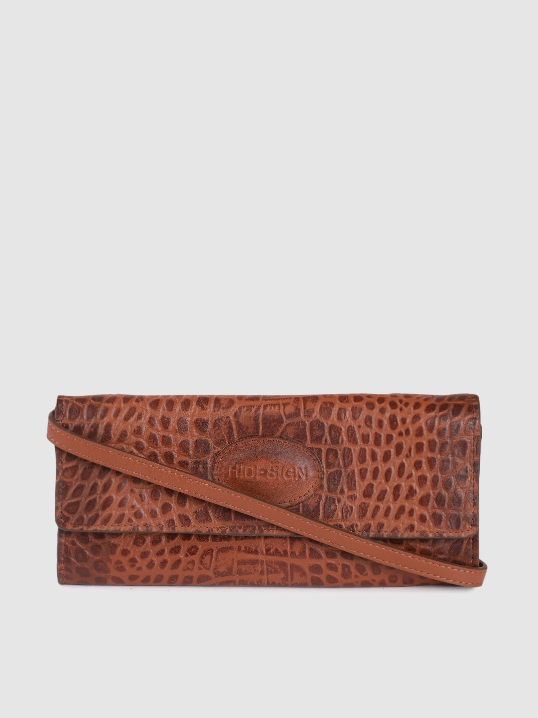 

Hidesign Women Tan Brown Croc Textured Leather Two Fold Wallet