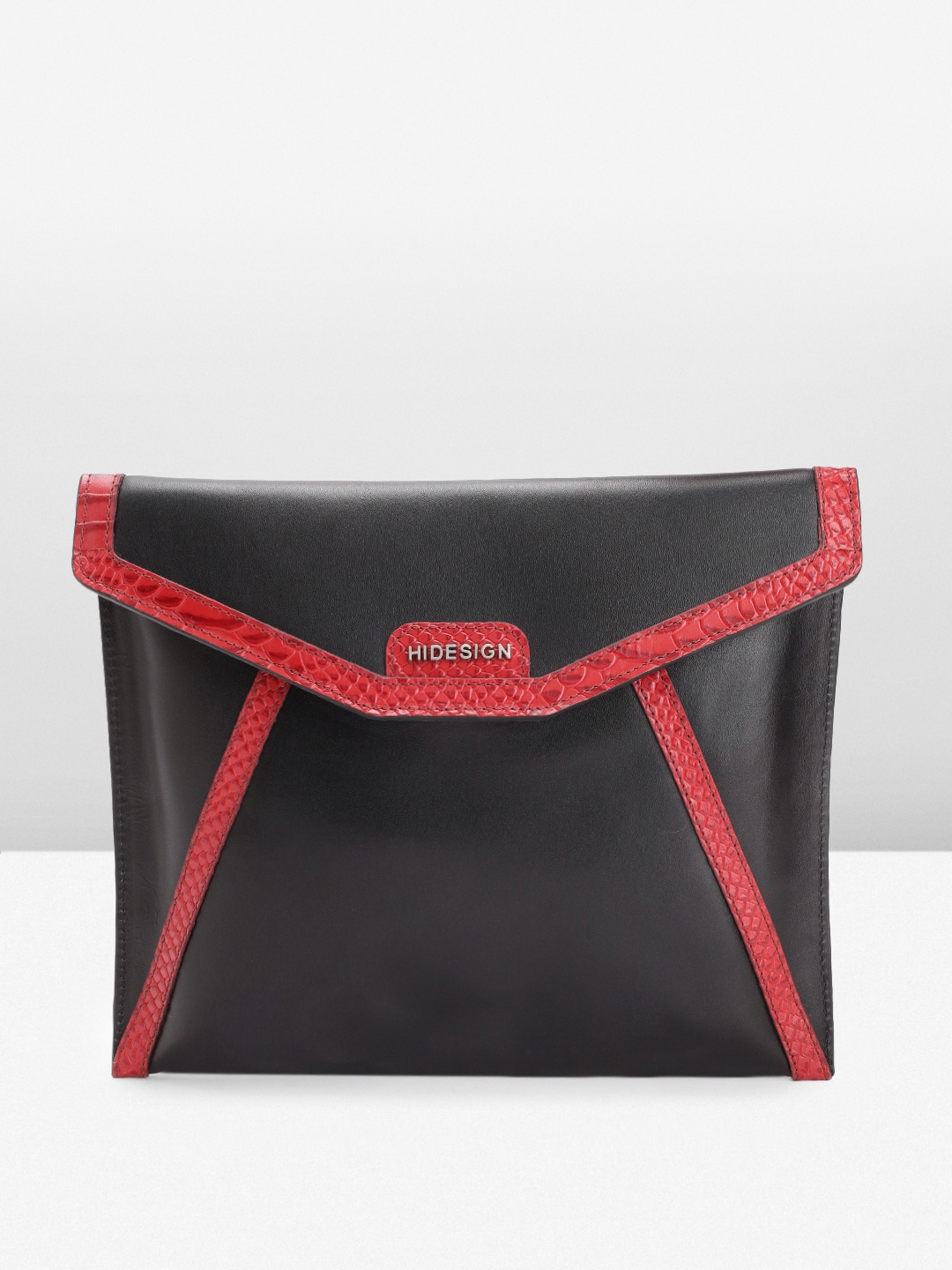 

Hidesign Women Solid Leather Envelope Clutch With Snake Textured Applique Detail & RFID, Black