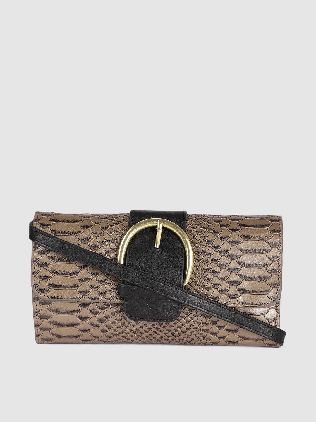 

Hidesign Women Gunmetal-Toned & Black Animal Textured Leather Envelope, Metallic