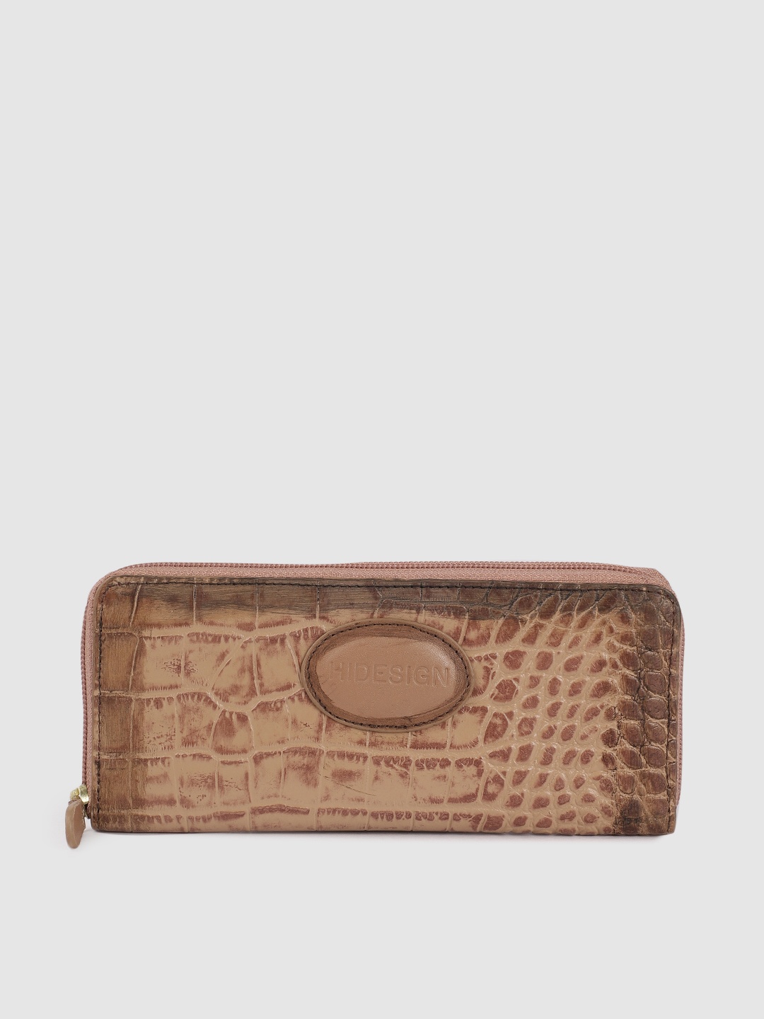 

Hidesign Women Nude-Coloured Croc Textured Leather Zip Around Wallet