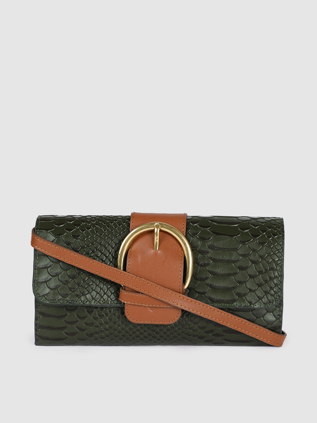 

Hidesign Women Green & Brown Animal Textured Buckle Detail Leather Envelope