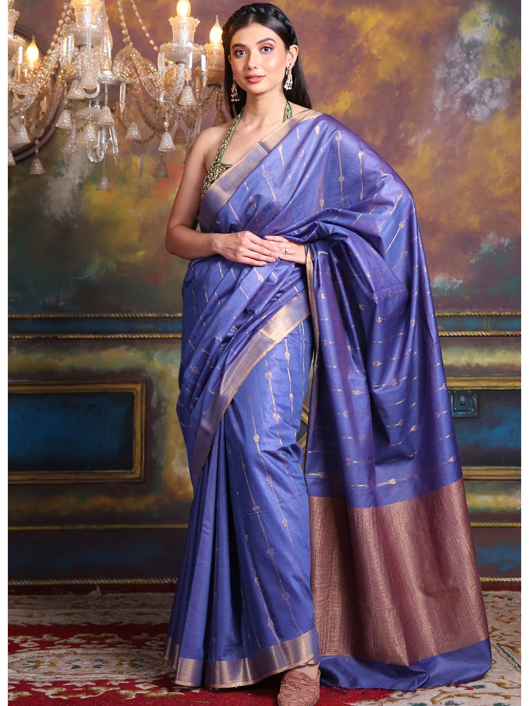 

Charukriti Blue & Gold-Toned Woven Design Zari Silk Blend Saree