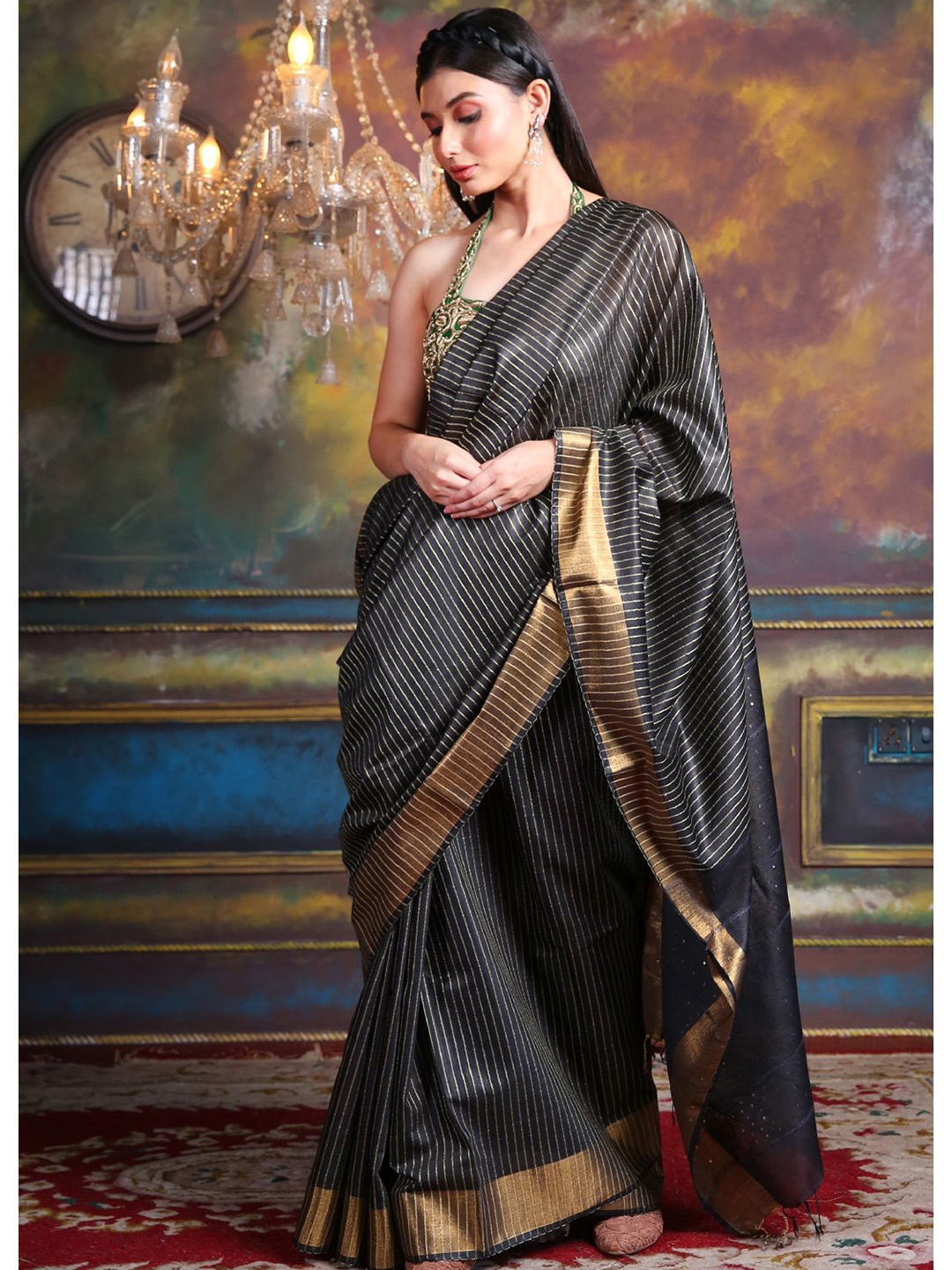 

Charukriti Black & Gold-Toned Woven Design Zari Silk Blend Saree