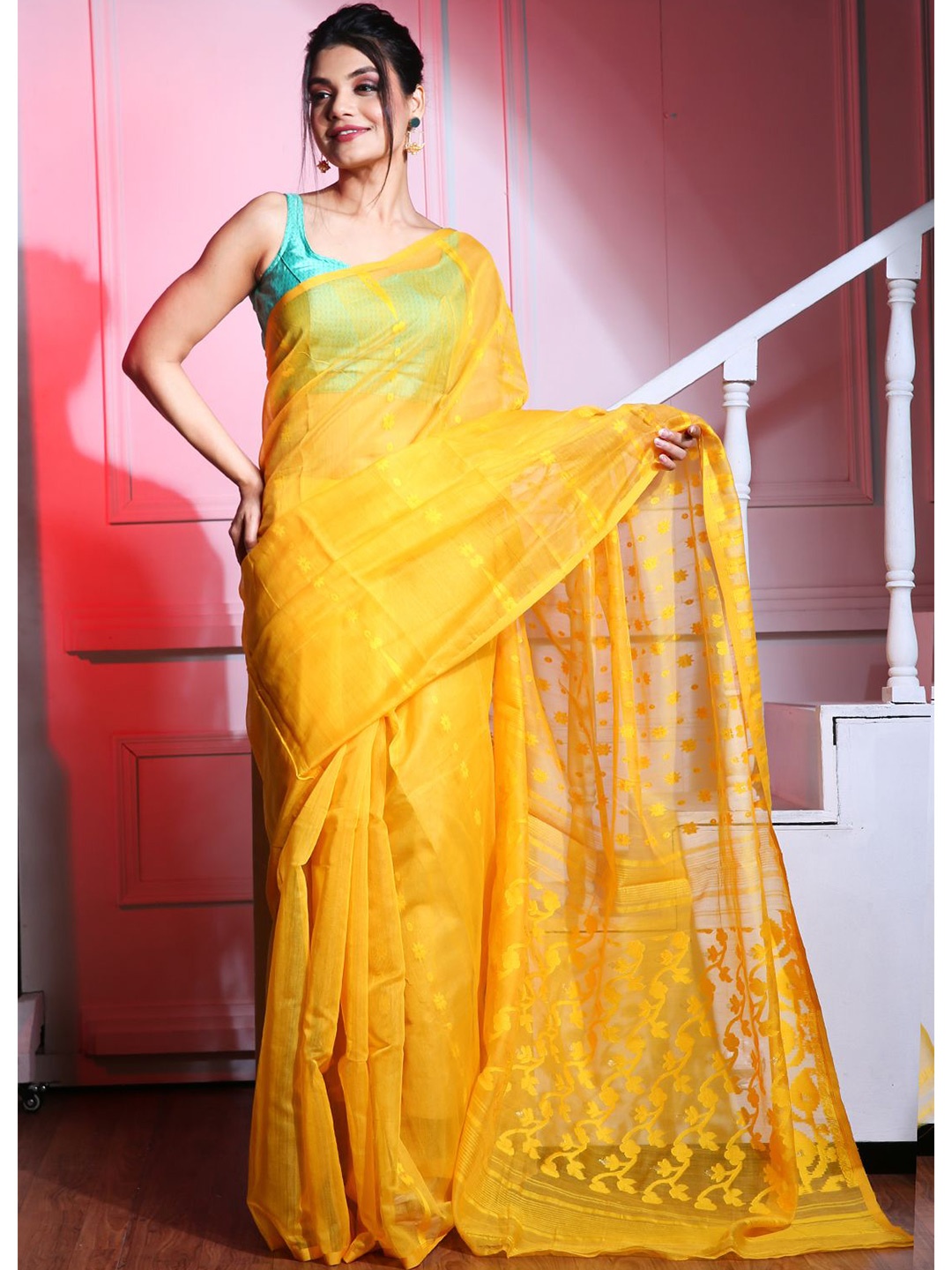 

Charukriti Yellow Woven Design Silk Cotton Jamdani Saree