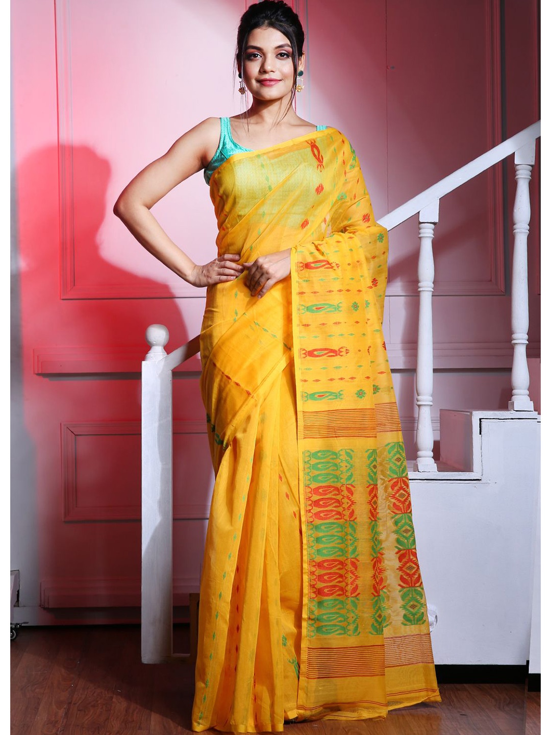 

Charukriti Yellow & Red Ethnic Motifs Silk Cotton Jamdani Saree