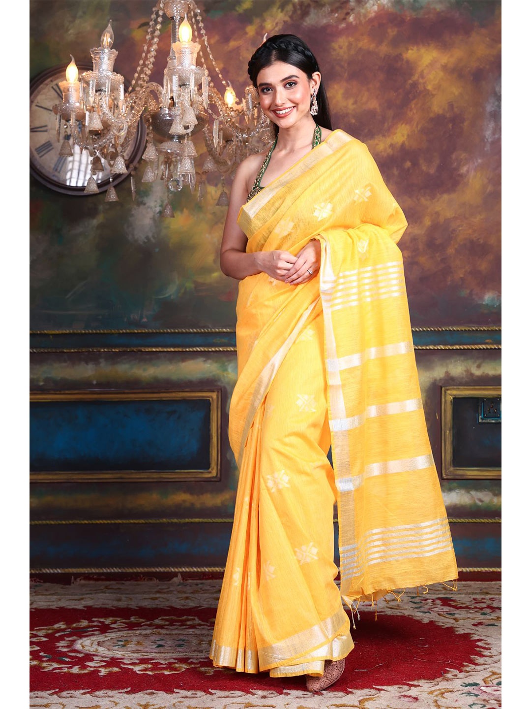 

Charukriti Yellow & Gold-Toned Woven Design Zari Silk Blend Saree