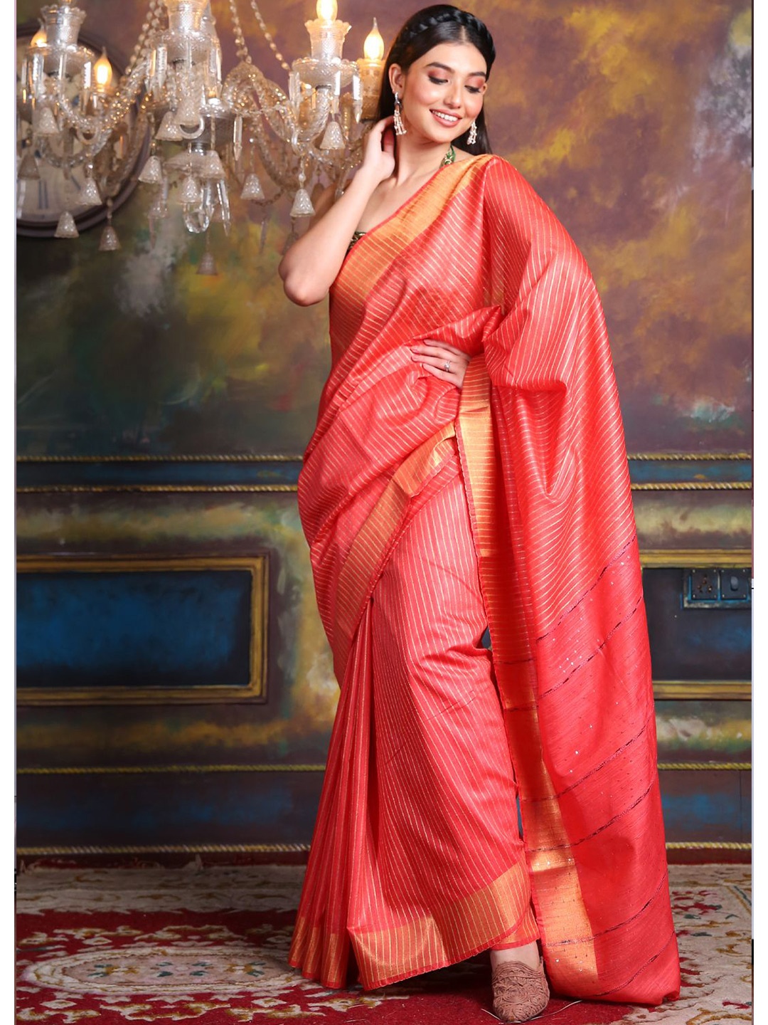 

Charukriti Red & Gold-Toned Woven Design Zari Silk Blend Saree