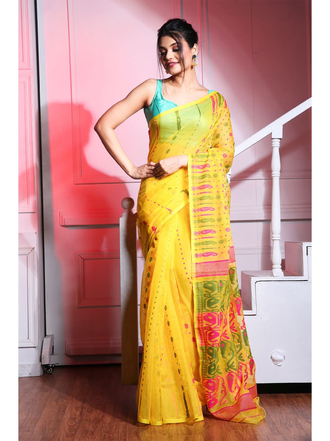 

Charukriti Yellow & Pink Woven Design Silk Cotton Jamdani Saree