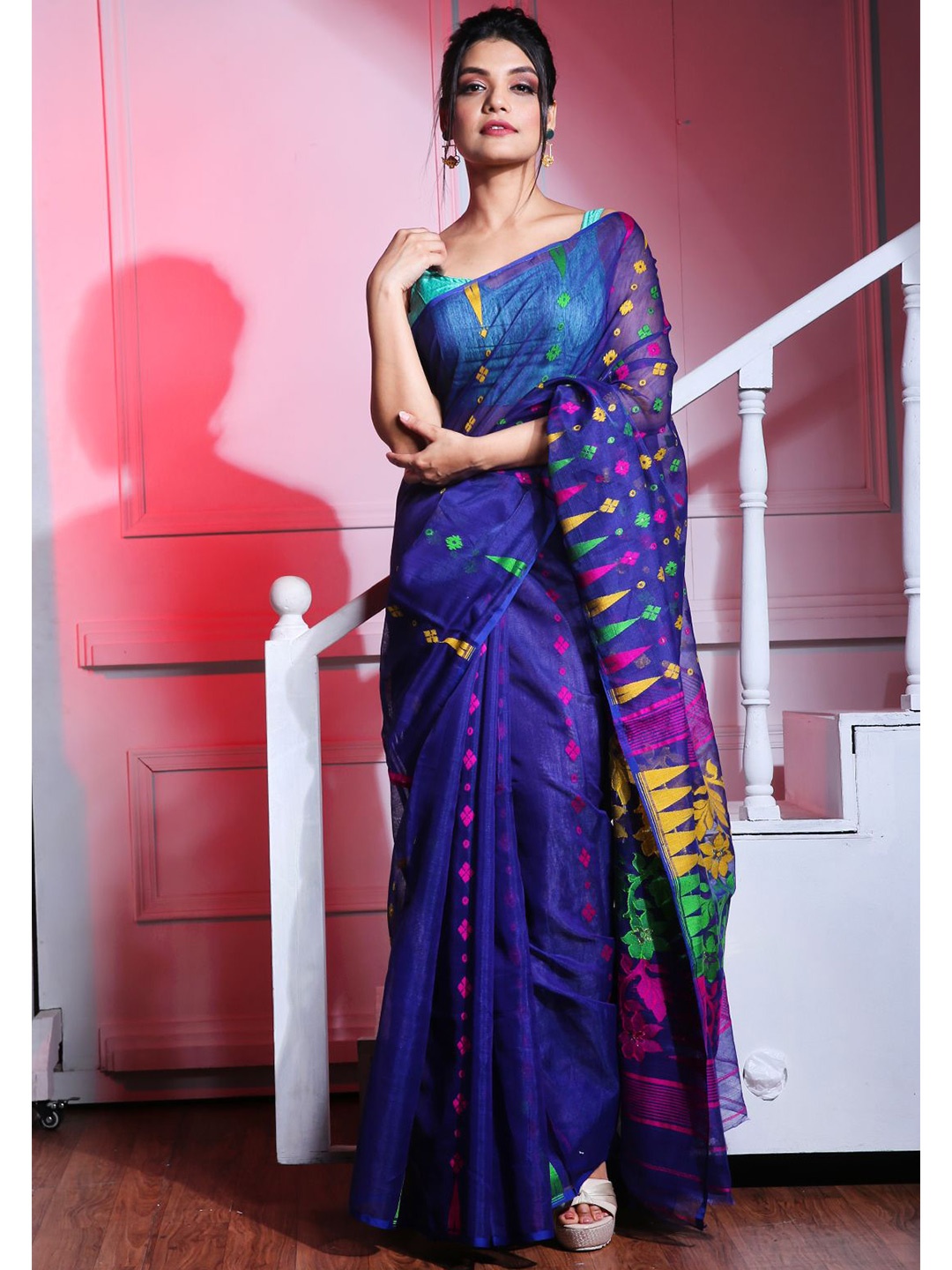 

Charukriti Blue & Pink Ethnic Motifs Silk Cotton Jamdani Saree