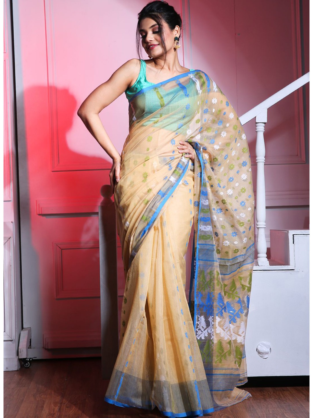 

Charukriti Beige & Blue Woven Design Silk Cotton Jamdani Saree