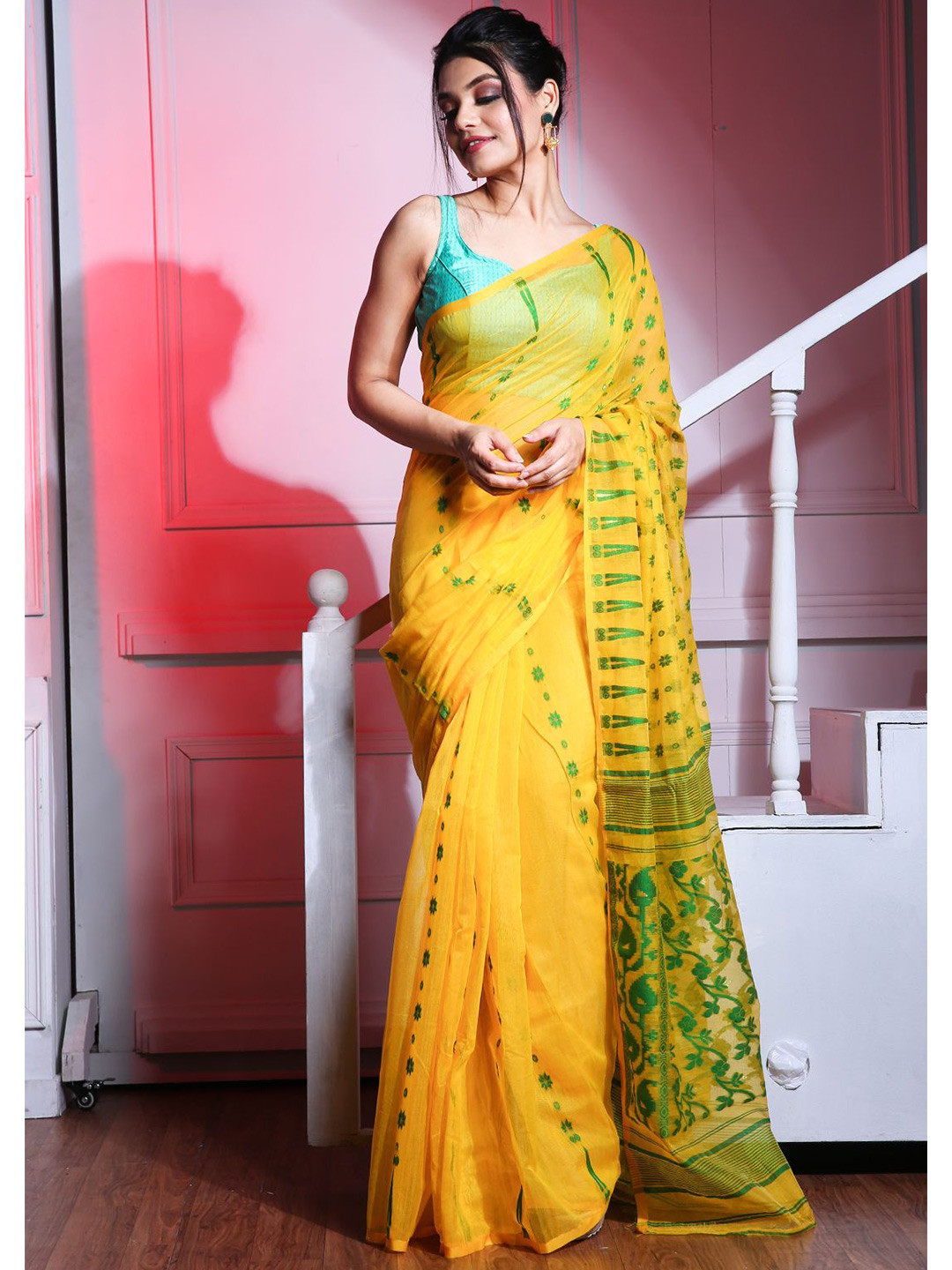 

Charukriti Yellow & Green Ethnic Motifs Silk Cotton Jamdani Saree