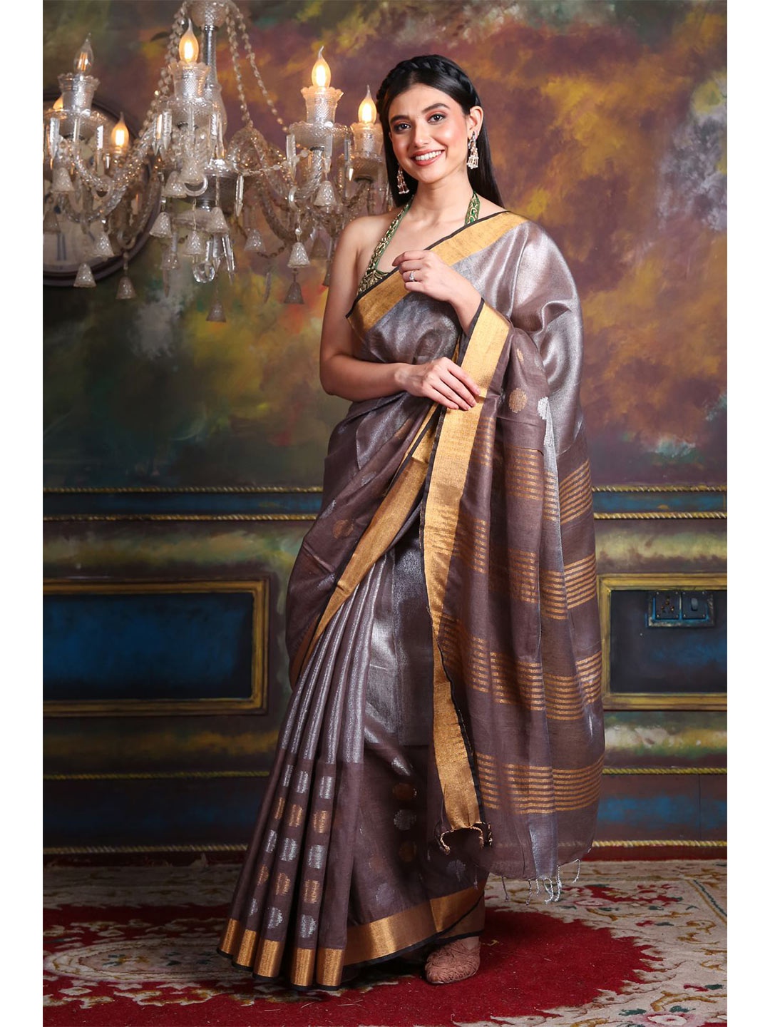 

Charukriti Brown & Golden Ethnic Motifs Zari Tissue Saree
