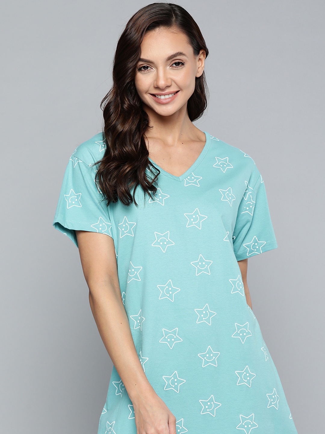 

HERE&NOW Women Blue & White Printed Pure Cotton Nightdress
