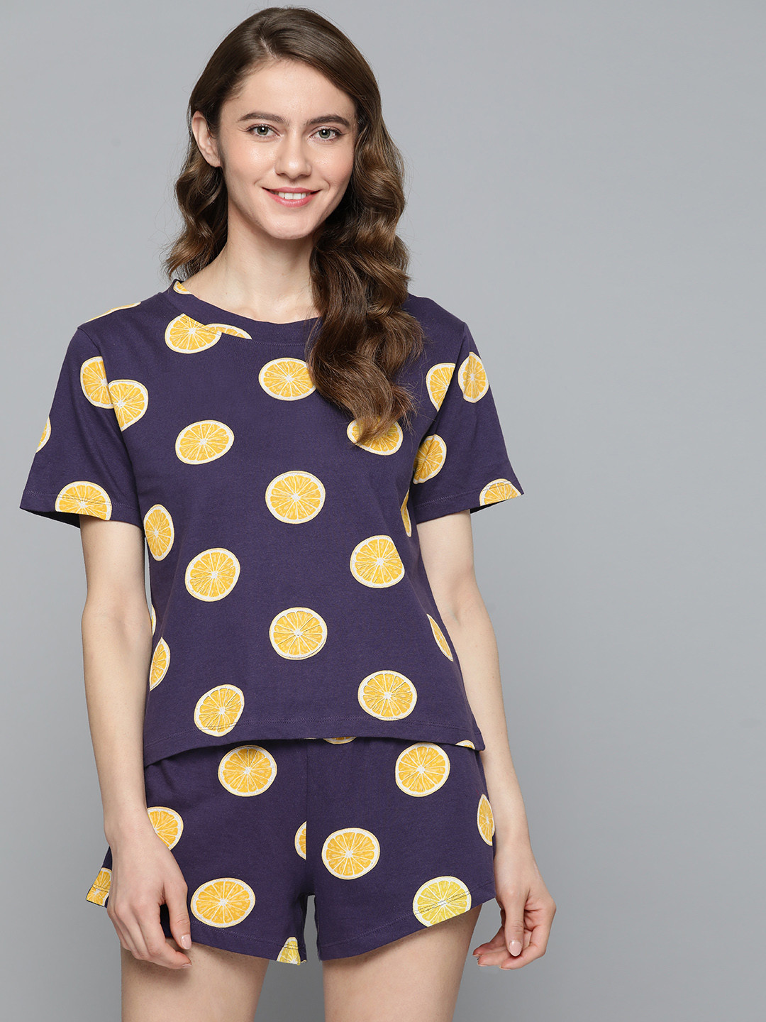 

HERE&NOW Women Navy Blue & Yellow Printed Pure Cotton Night suit