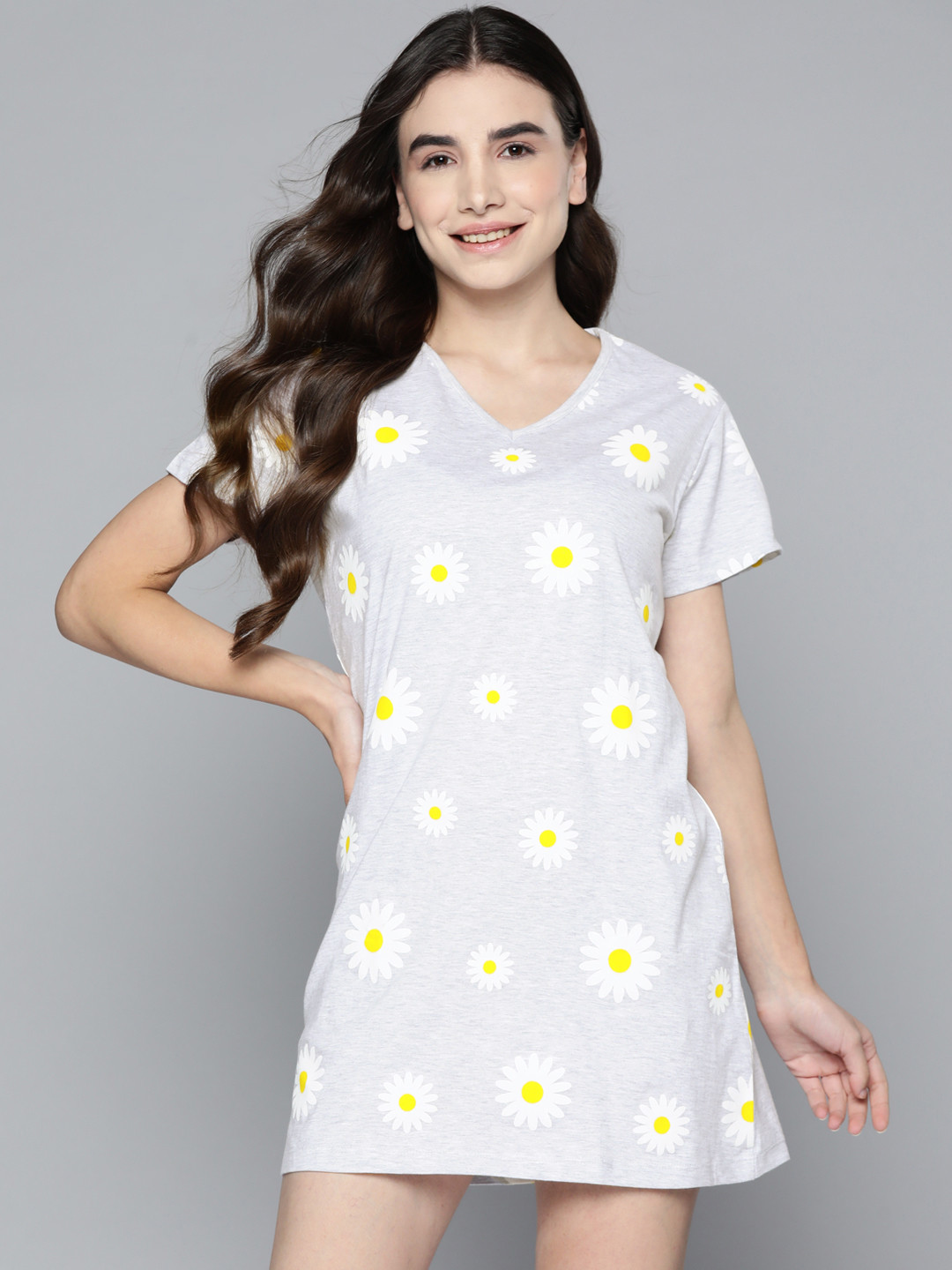 

HERE&NOW Grey Melange & White Floral Print Nightdress