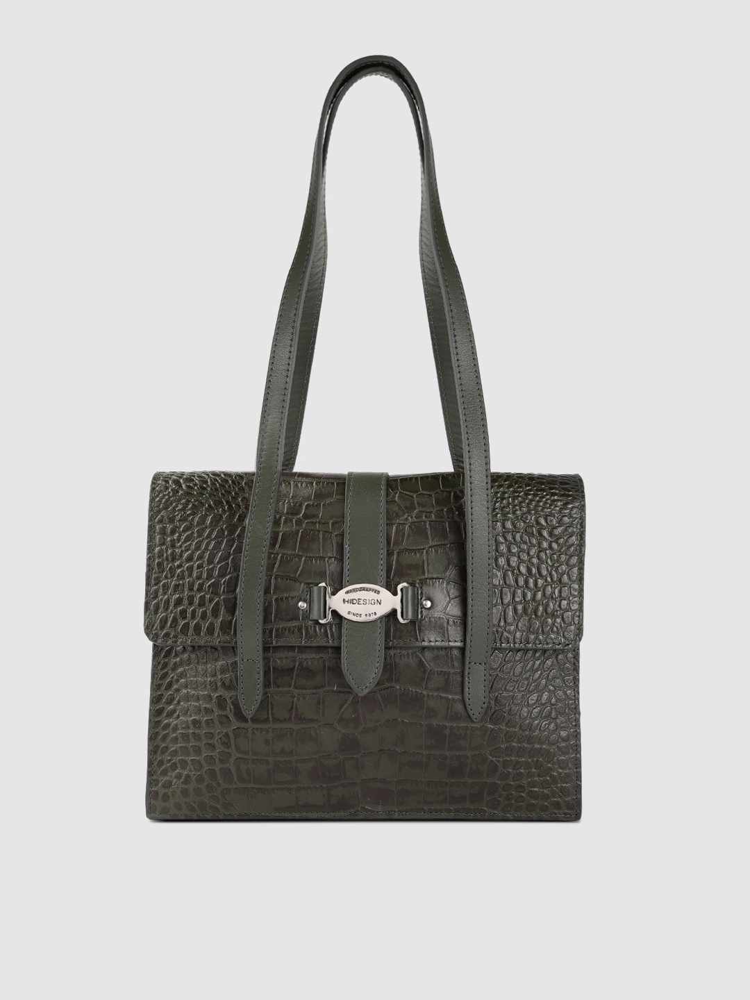 

Hidesign Green Croc Textured Structured Leather Shoulder Bag