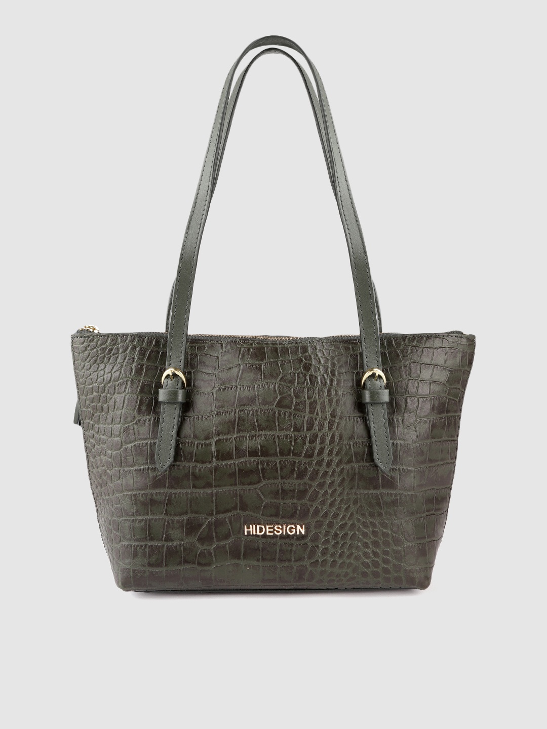 

Hidesign Olive Green Croc Textured Leather Structured Shoulder Bag