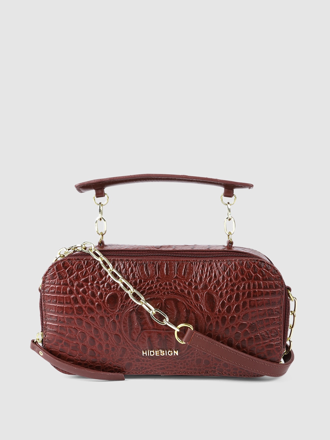 

Hidesign Maroon Textured Leather Structured Handheld Bag