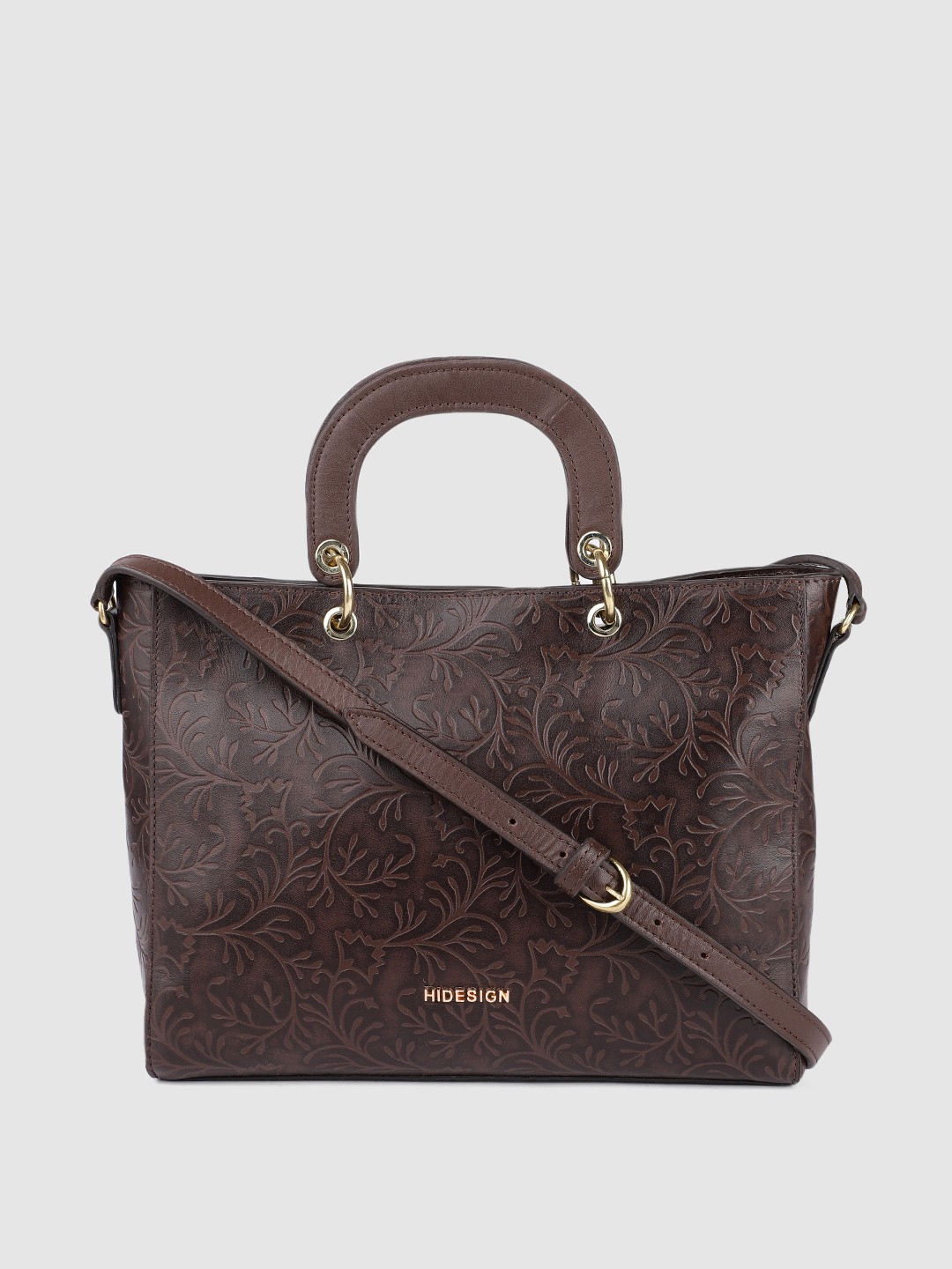 

Hidesign Brown Floral Leather Structured Handheld Bag