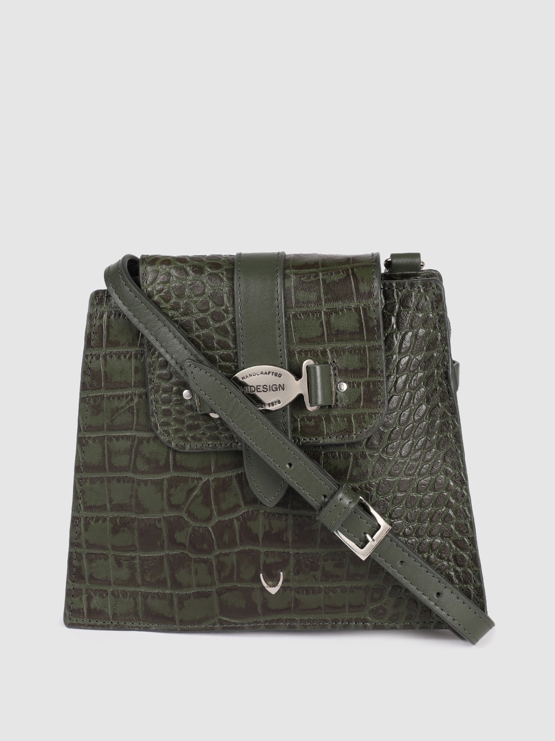 

Hidesign Olive Green Animal Textured Leather Structured Sling Bag with Fringed